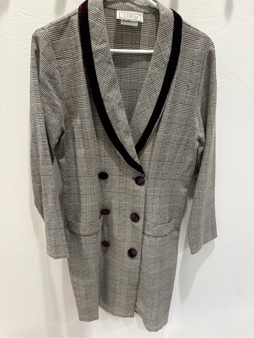 Vintage Plaid Double-Breasted Blazer dress with Velvet Trim - Gray and Burgundy